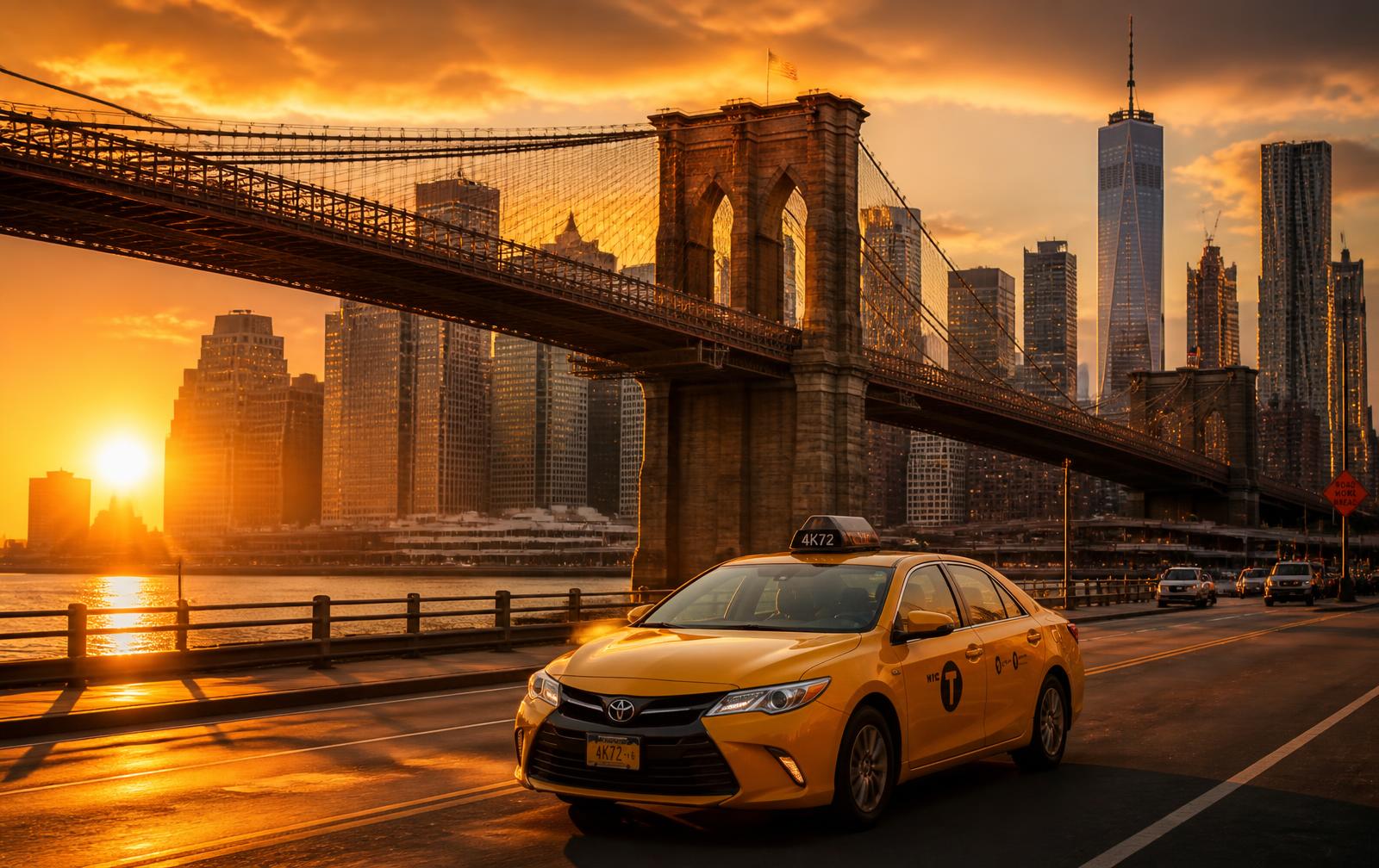 Ponte do Brooklyn e táxi amarelo ao pôr do sol em Nova York, Estados Unidos